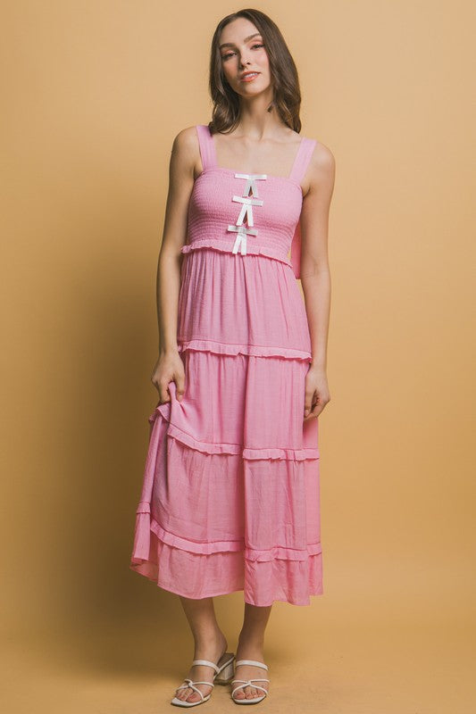 BOW STRAP TIERED MIDI DRESS