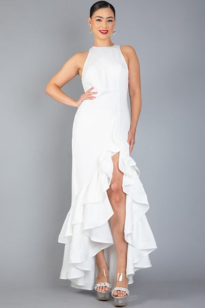 FRONT RUFFLED LAYER SLEEVELSS DRESS