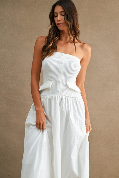 STRAPLESS RIBBED KNIT BODICE POPLIN MIX MAXI DRESS