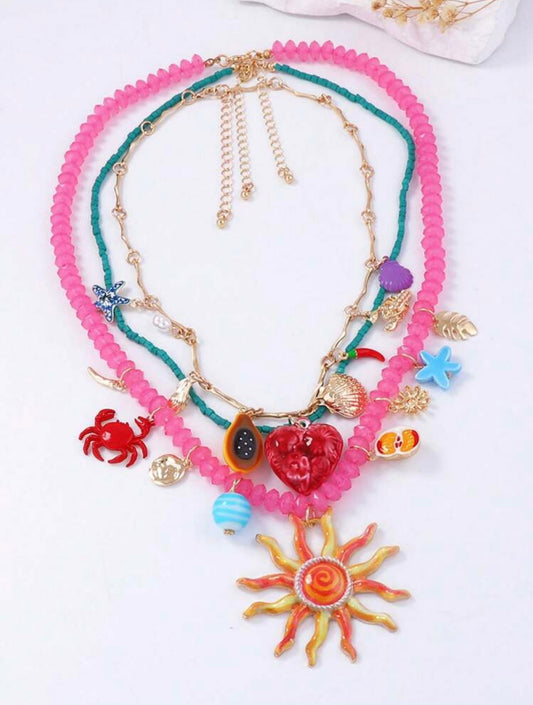 BEADED MULTI LAYER CHARM NECKLACE