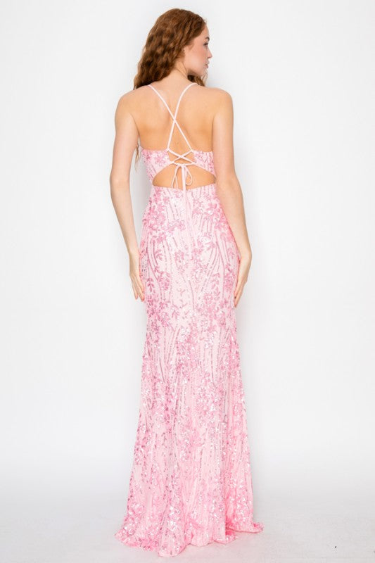 FLORAL SEQUIN MERMAID MAXI COCKTAIL DRESS