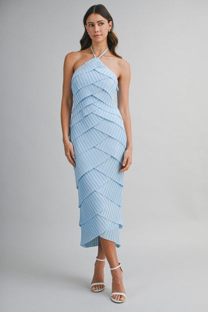 PLEATED HALTER LAYERED DIAGONAL RUFFLE MIDI DRESS