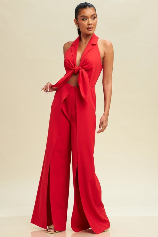 HALTER TIE FRONT SPLIT JUMPSUIT