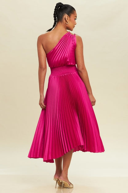 OFF SHOULDER PLEATED MIDI DRESS