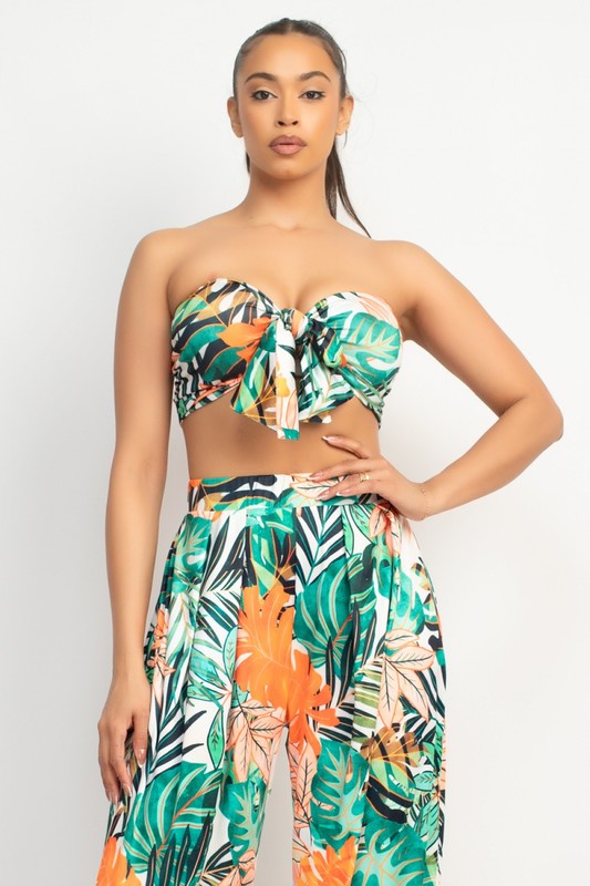 TROPICAL PRINTED KNOTTED TOP AND WIDE PANTS SET