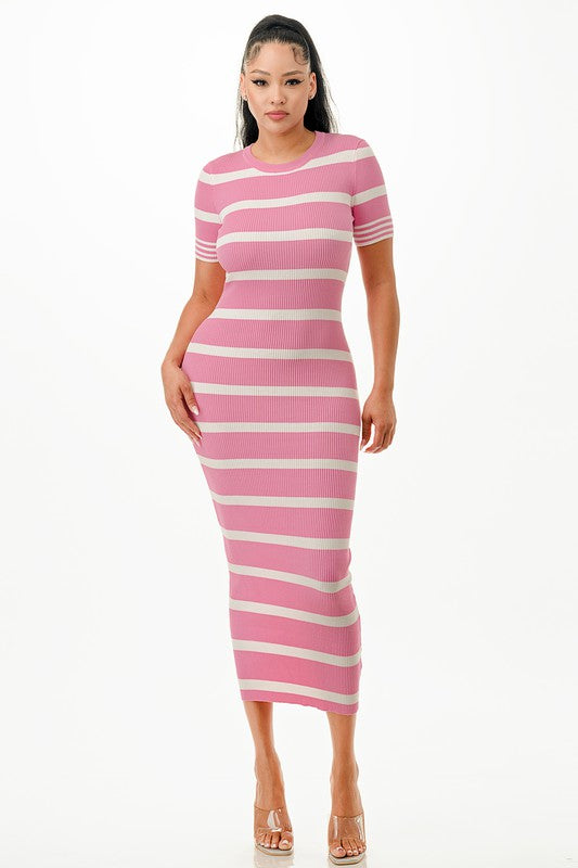 SHORT SLEEVE STRIPED MAXI DRESS