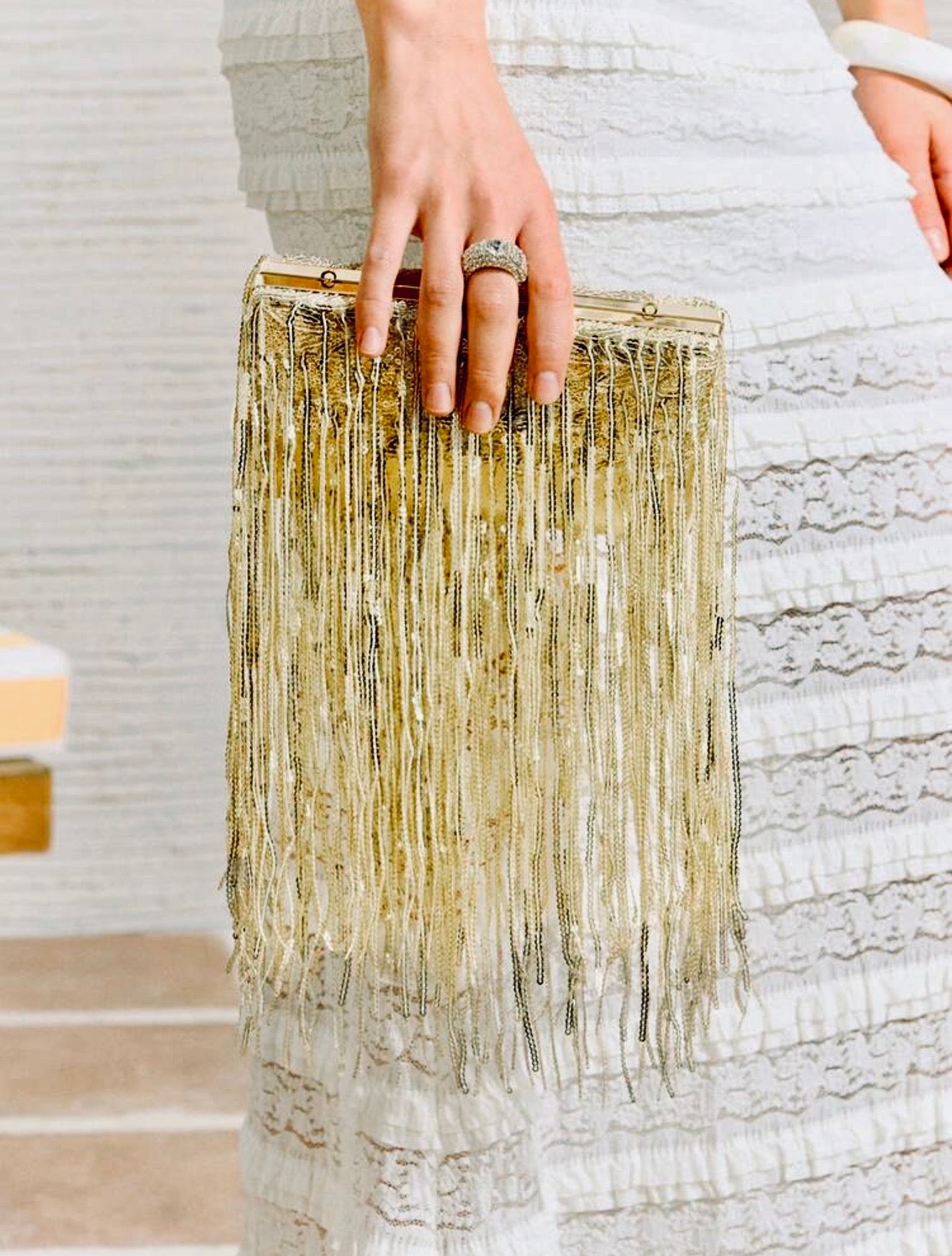 ELGANT RHINESTONE DRAWSTRING SEQUIN BOX-SHAPED EVENING CLUTCH