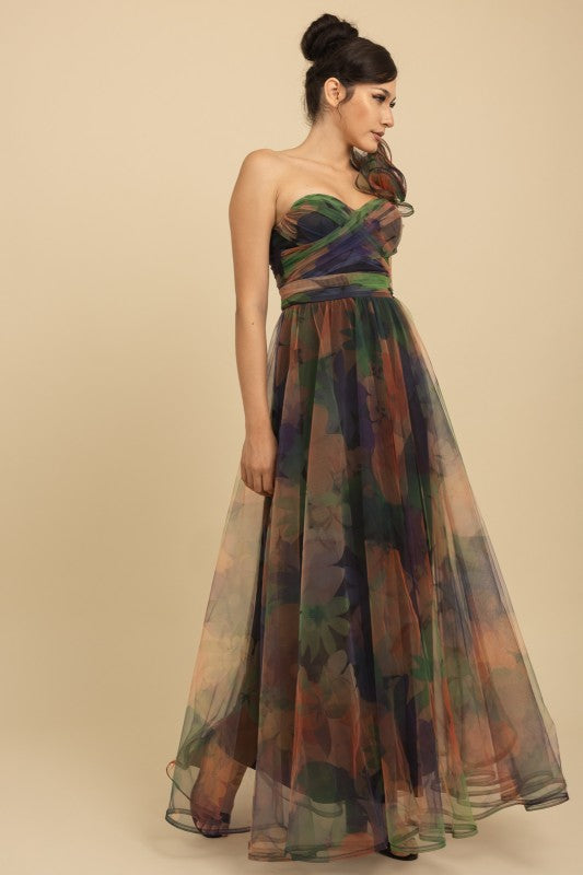 ONE SHOULDER BACK LACE UP FLORAL MESH DRESS