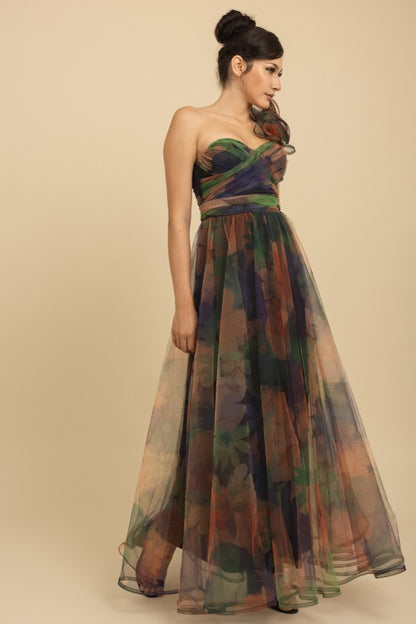 ONE SHOULDER BACK LACE UP FLORAL MESH DRESS