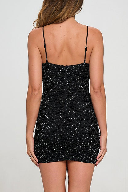 EMBELLISHED PLUNGING NECKLINE RUCHED MINI DRESS