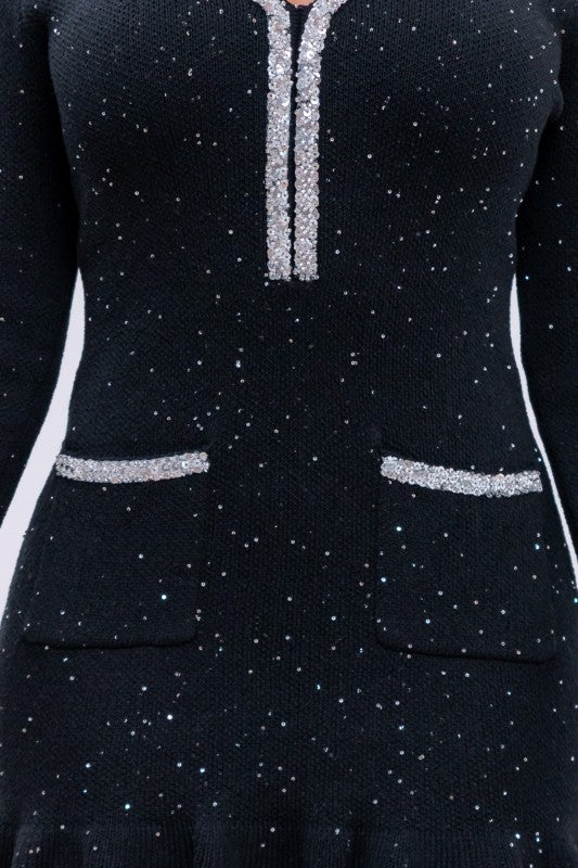SEQUIN V NECK RUFFLE MINI DRESS