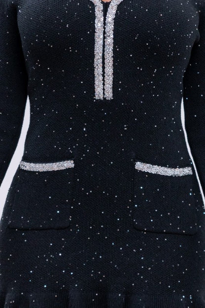 SEQUIN V NECK RUFFLE MINI DRESS