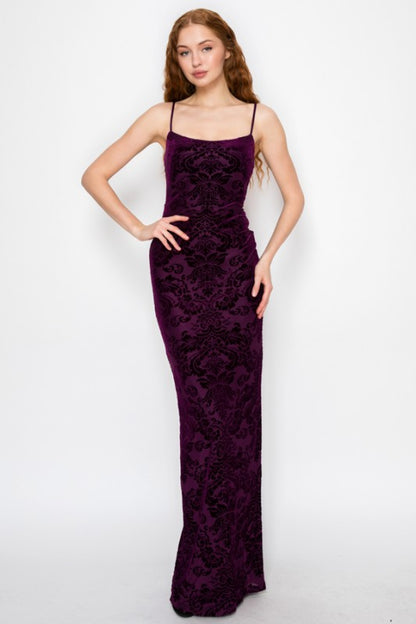 VELOUR FLORAL CROSSED BACK MERMAID MAXI PARTY DRESS