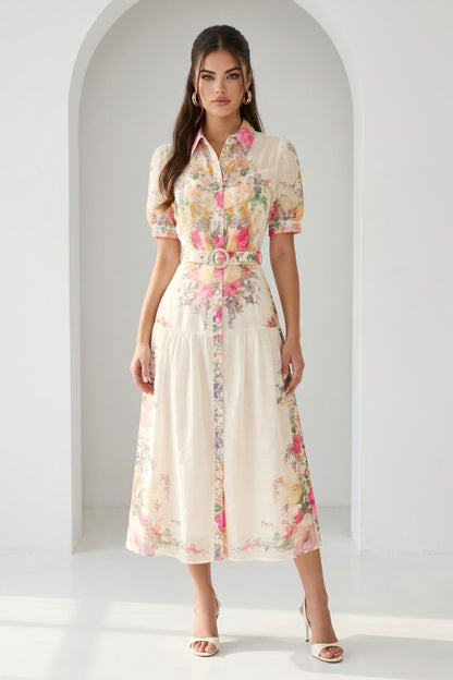 PRINTED SHORT CUFF SLEEVES MIDI DRESS WITH BELT (Copy)