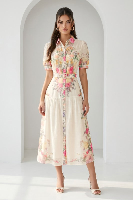 PRINTED SHORT CUFF SLEEVES MIDI DRESS WITH BELT (Copy)