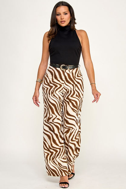 HEAVY PONTE SLVLS HIGH NECK BELTED CONTRAST PANTS SET