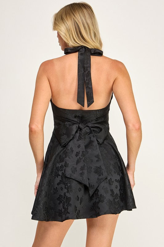 JACQUARD HALTER NECK MINI PARTY DRESS