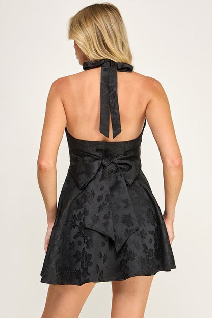JACQUARD HALTER NECK MINI PARTY DRESS