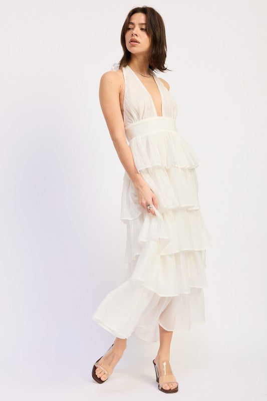 HALTER TIERED MIDI DRESS WITH NECK TIE