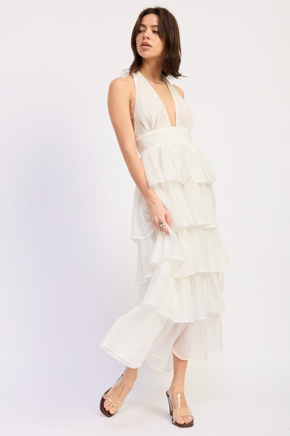 HALTER TIERED MIDI DRESS WITH NECK TIE