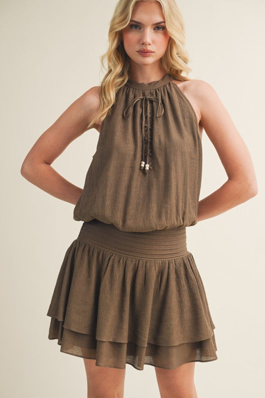FRONT LACE UP HALTER MINI DRESS