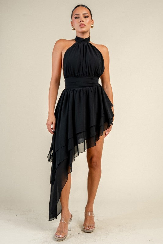 CHIFFON HALTER NECK ASYMMETRIC MINI DRESS