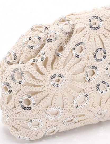 PVC SEQUINS PLEATED CLOUD MESH EMBROIDERED CLUTCH BAG