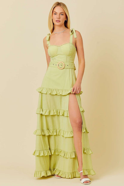 Summer Belt Ruffle Maxi Dress