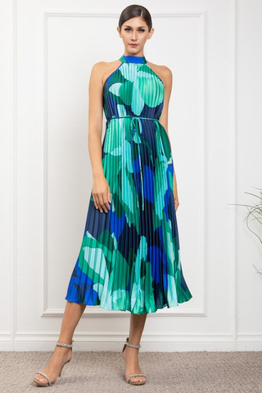 PRINTED PLEATED HALTER NECK MIDI DRESS