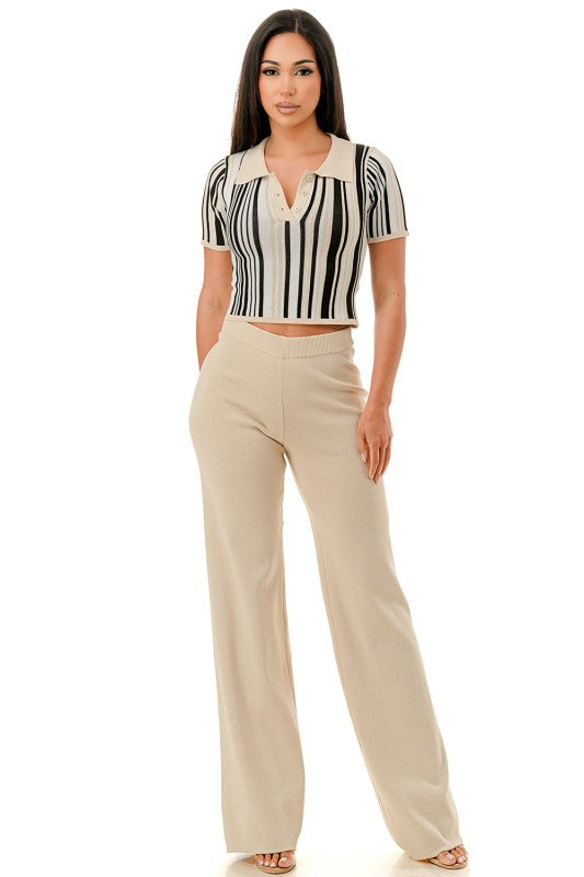 RETRO STRIPED KNIT CROP TOP AND PANTS SET