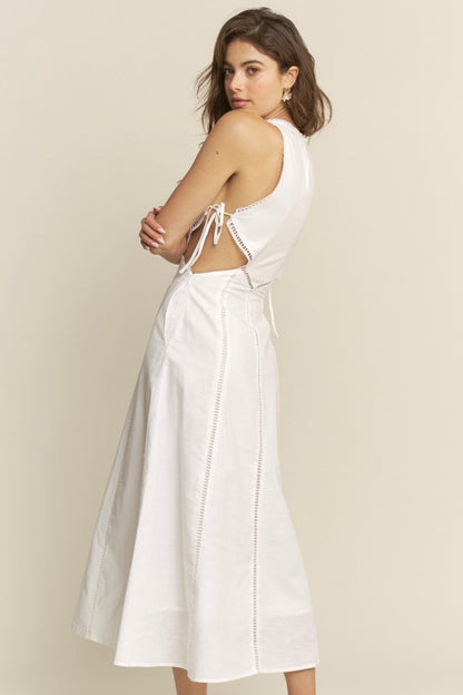 SIDE CUTOUT TIE FINISH LACE TRIM MAXI DRESS