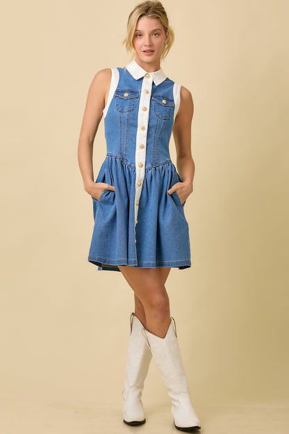 COLLAR BUTTON DOWN SUMMER DENIM MINI DRESS