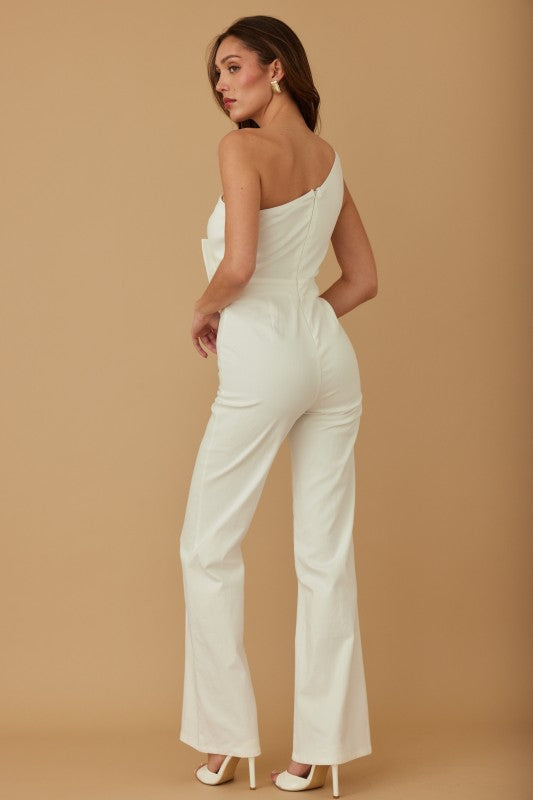 DENIM FLOWER BOOM HALF SHOULDER JUMPSUIT
