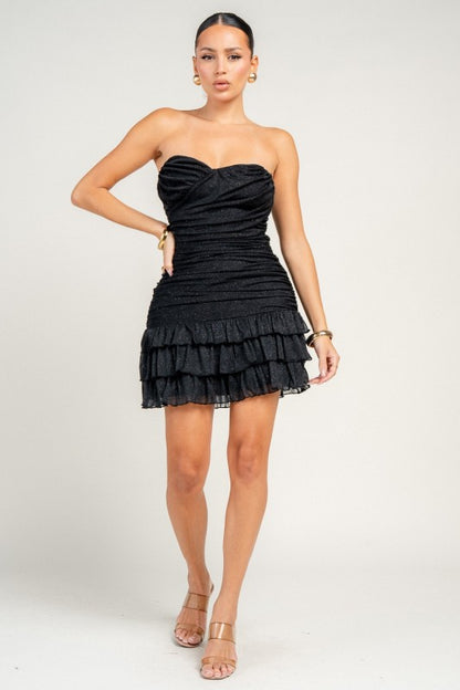 TUBE RUSHED TOP W RUFFLED SKIRT MINI DRESS
