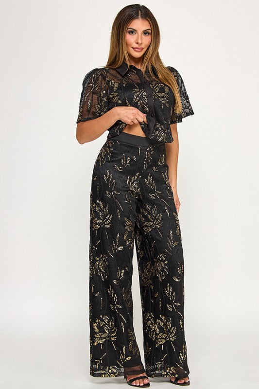 CROP BUTTON DOWN SEQUIN TOP WITH PANTS SET