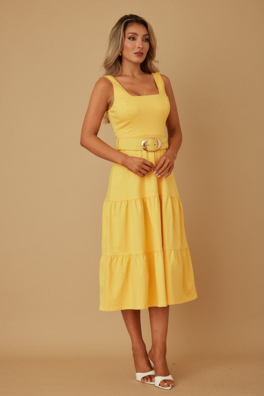 DENIM BELTED MIDI DRESS