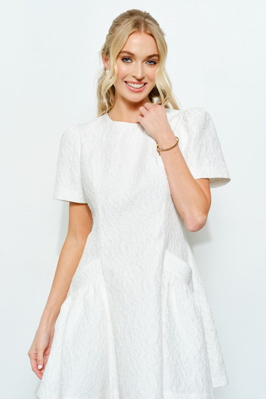 FLORAL JACQUARD FLARE MINI DRESS