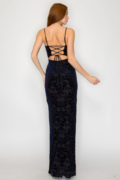 VELOUR FLORAL CROSSED BACK MERMAID MAXI PARTY DRESS