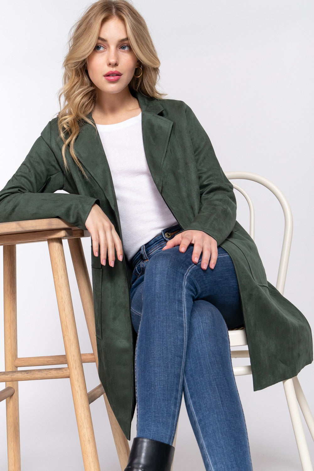 Long Sleeve Open Front Faux Suede Jacket