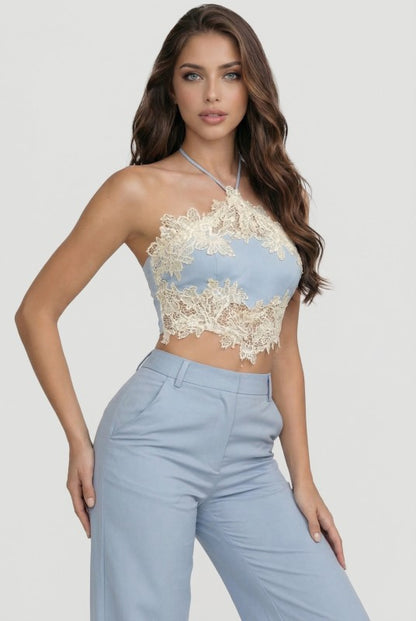 LACE HALTER CROP TOP PANTS SET