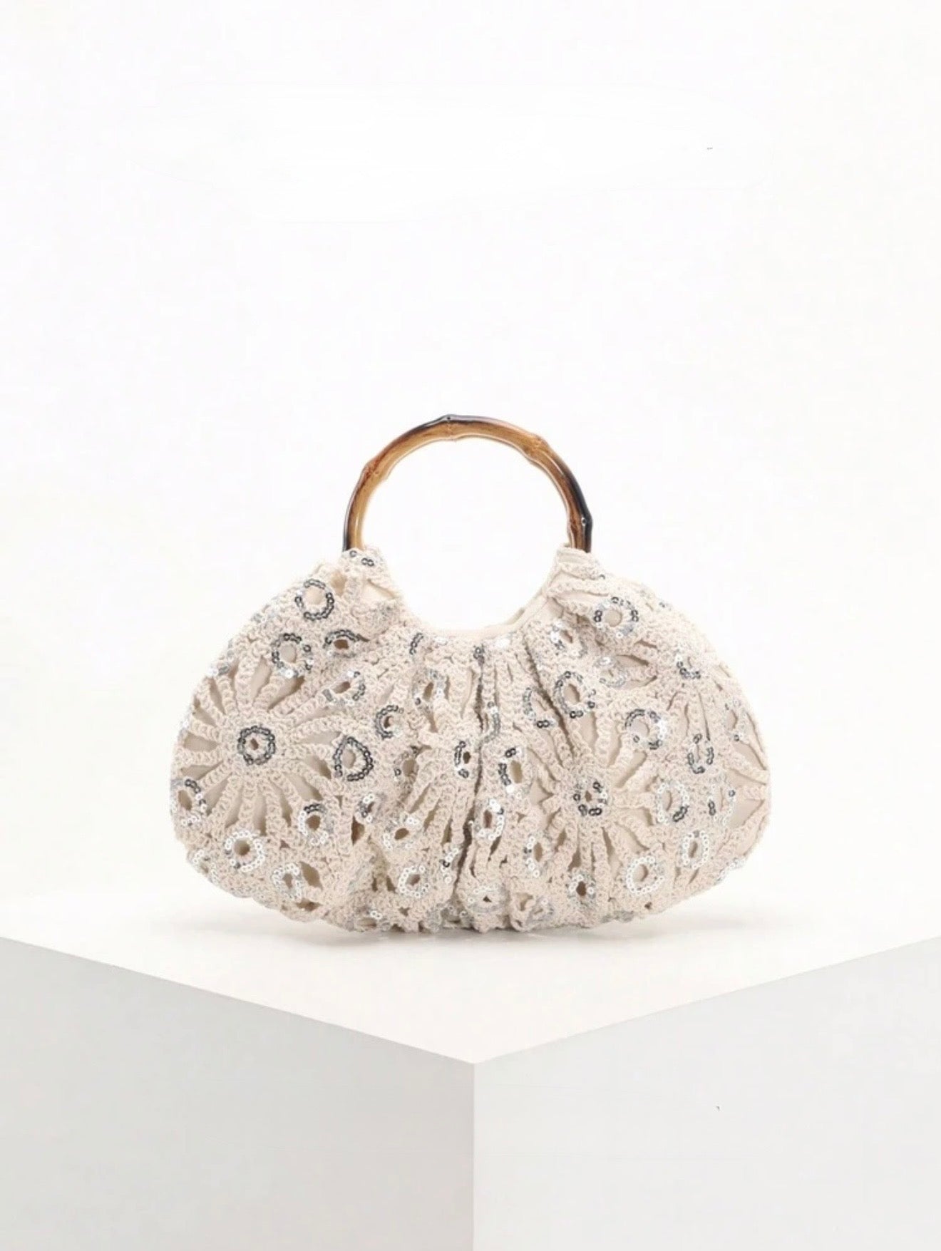 PVC SEQUINS PLEATED CLOUD MESH EMBROIDERED CLUTCH BAG