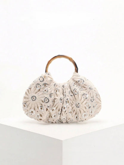 PVC SEQUINS PLEATED CLOUD MESH EMBROIDERED CLUTCH BAG