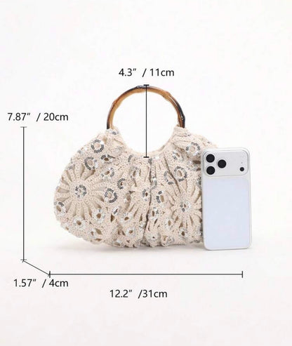 PVC SEQUINS PLEATED CLOUD MESH EMBROIDERED CLUTCH BAG