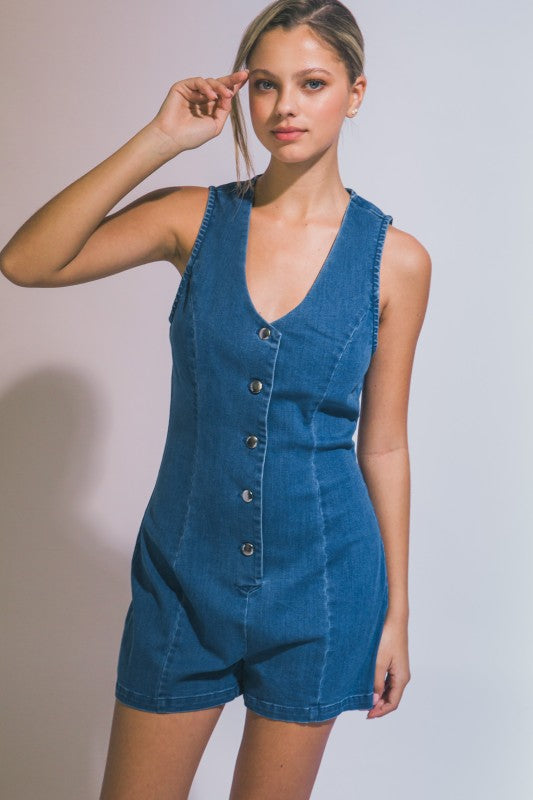 V NECK BUTTON DOWN DENIM ROMPER
