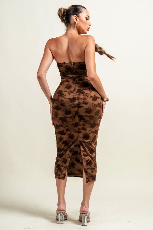 MESH VLEVET FLOCKING MIDI DRESS