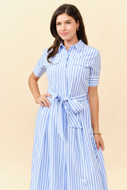 SHORT SLEEVES STRIPE BUTTON FRONT MIDI DRESS