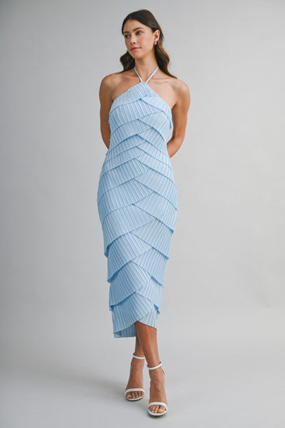 PLEATED HALTER LAYERED DIAGONAL RUFFLE MIDI DRESS