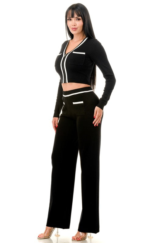 CROP TOP AND WID LEG PANTS KNIT MATCHING SET