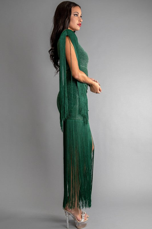 GLITTER KNIT ONE SHOULDER CUT OUT FRINGE DRESS