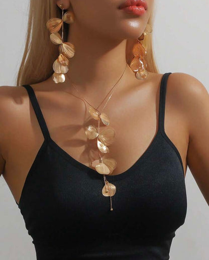 3 PCS METALLIC TASSEL Y SHAPED NECKLACE AND EARRINGS SET